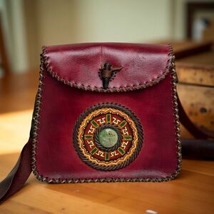Aztec Mayan Handcrafted Burgundy Leather Bag, NWOT